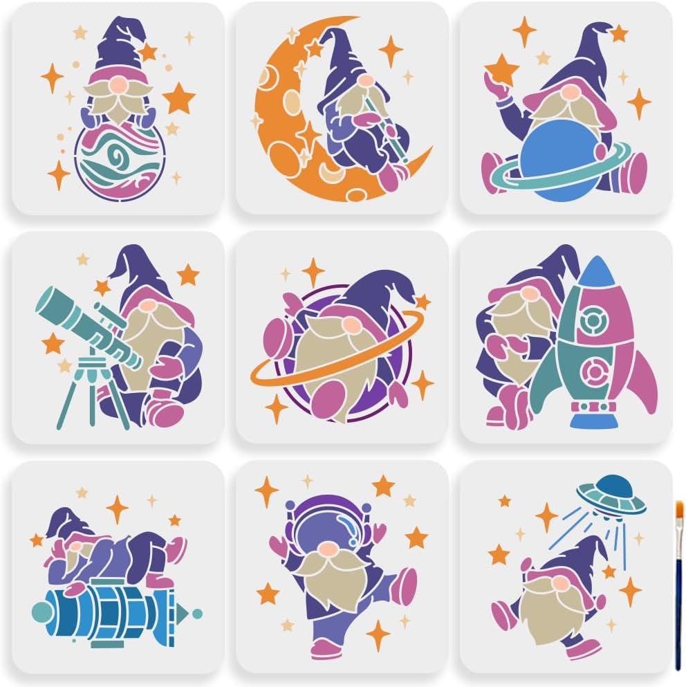 MAYJOYDIY 9pcs Astronaut Gnome Stencils 7.8×7.8inch Large Space Theme Gnome Stencil with Paint Brush Planet Moon Telescope Rocket UFO Template for Wood Canvas Wall Furniture