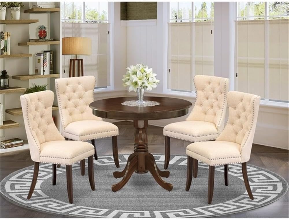 East West Furniture ANDA5-AWA-32 5 Piece Dining Room Furniture Set Includes a Round Kitchen Table with Pedestal and 4 Polyester Fabric Padded Chairs, 36x36 Inch, Antique Walnut