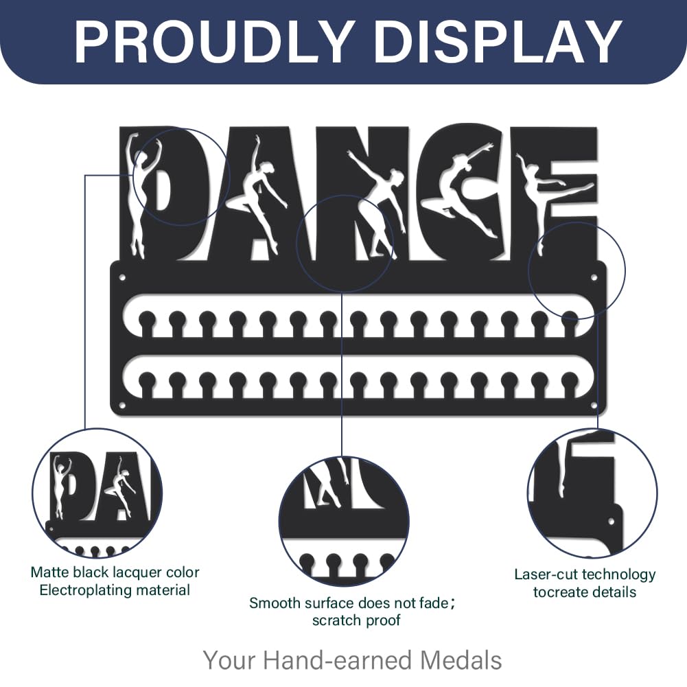 SUPERDANT Dance Medal Hanger Display Sports Medal Holder Wall Mount Medals Hanging 30 Hooks Matte Black Metal Belts Display Rack Iron Race Ribbon Award Organizer Gifts for Dancer Women Kids