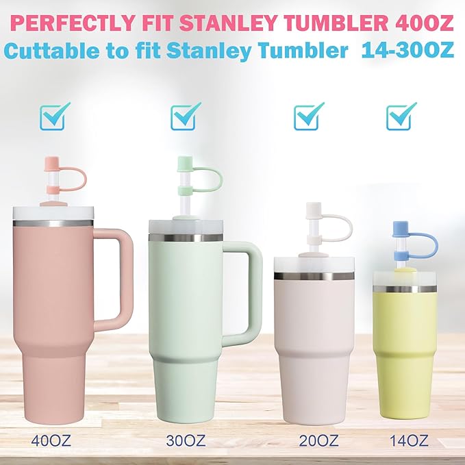 6 Plastic Straws Reusable for Stanley Tumbler 30 oz 40 oz, 12 Inch Straight Replacement Straw with 6 Colorful Straw Covers, 2 Cleaning Brushes for Stanley Cup Accessories
