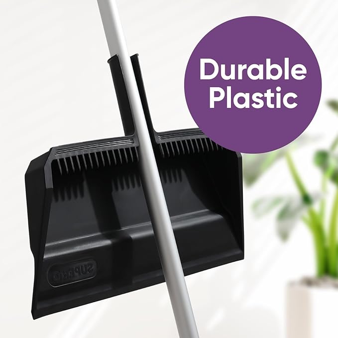 Superio 3-Pack Wide Plastic Dustpan with Comb - 16" Wide, Rubber Lip, Broom Handle Clip, Black