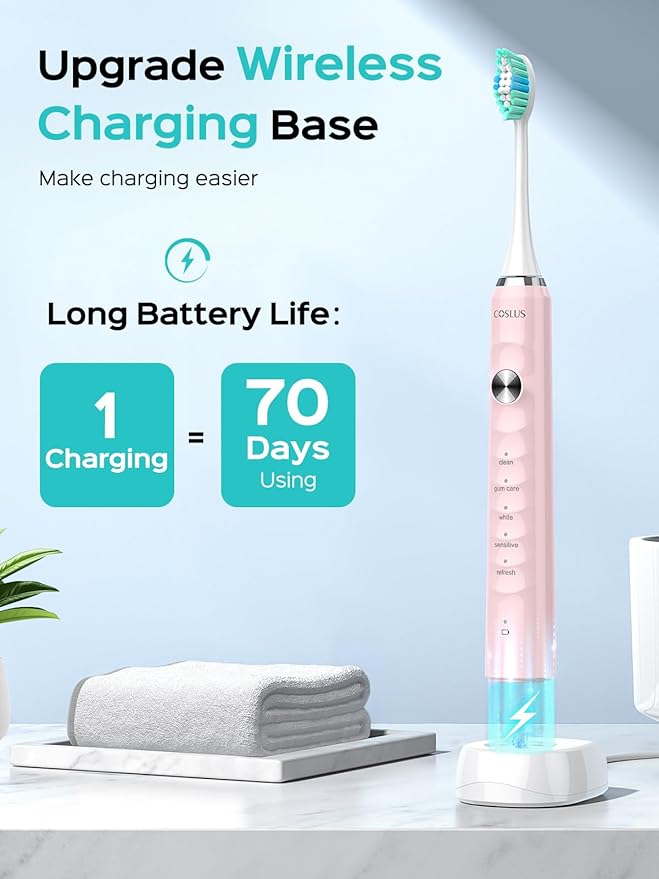 COSLUS Sonic Electric Toothbrush for Adults: 47000 VPM for Deep Cleaning & Whitening with Travel Case - 5 Modes for Sensitive Teeth & Braces, Wireless Charging, 6 Brush Heads, Pink & Green (2PCS)