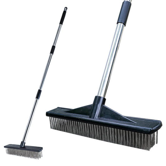 Heavy Duty Wire Push Broom Brush, 15.7" Stainless Steel Bristle Deck Brush with Long Handle for Removing Weeds, Outdoor Broom for Rough Surface Dirt