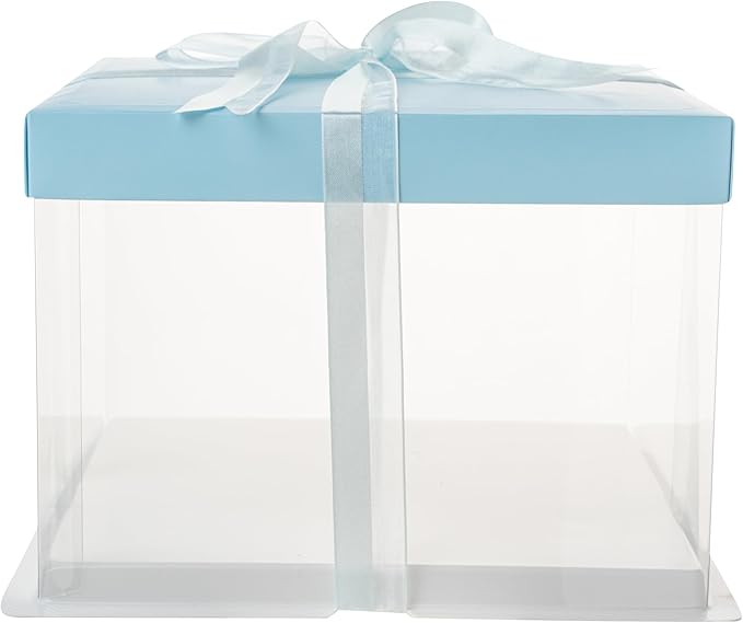 Restaurantware Sweet Vision 8.5 Inch x 6.75 Inch Transparent Cake Boxes, 10 Grease Resistant Base Clear Cake Boxes - Blue Lid, Blue Ribbon, Plastic Birthday Cake Boxes, For Weddings Or Birthdays