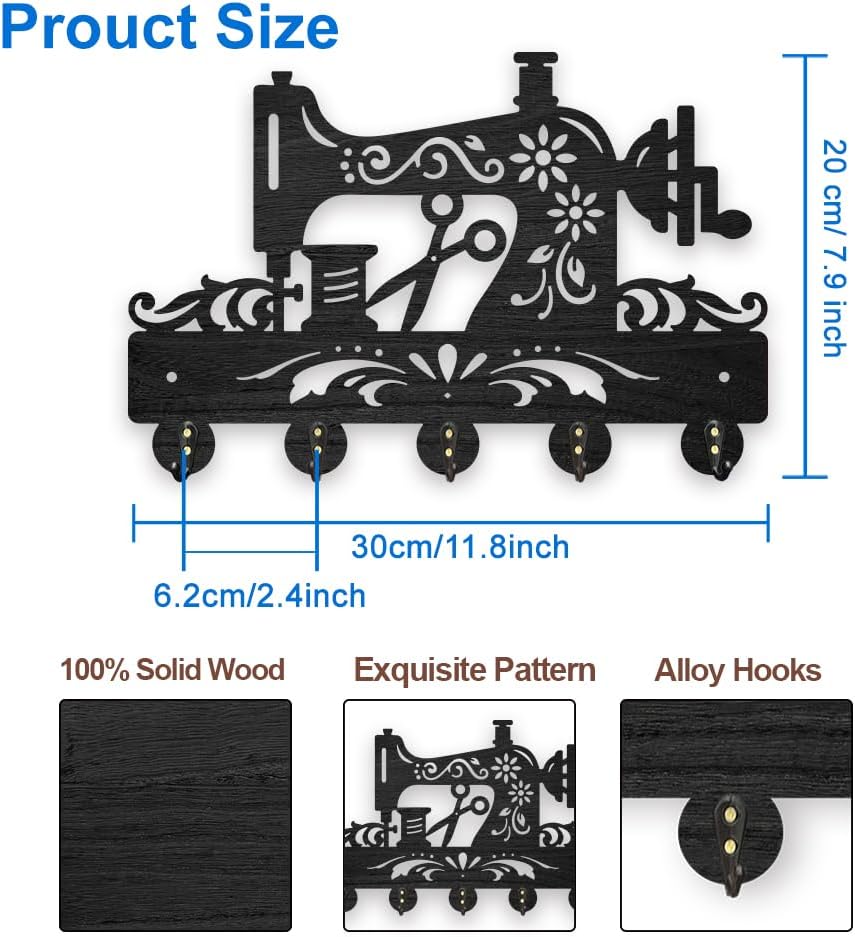 MAYJOYDIY Wooden Sewing Machine Key Hook 11.8 x 7.8 inch Flower Sew Coat Hooks Wall Mounted Storage Hooks Floral Art Hat Racks with 5 Alloy Hooks for Entryway Bedroom Living Room