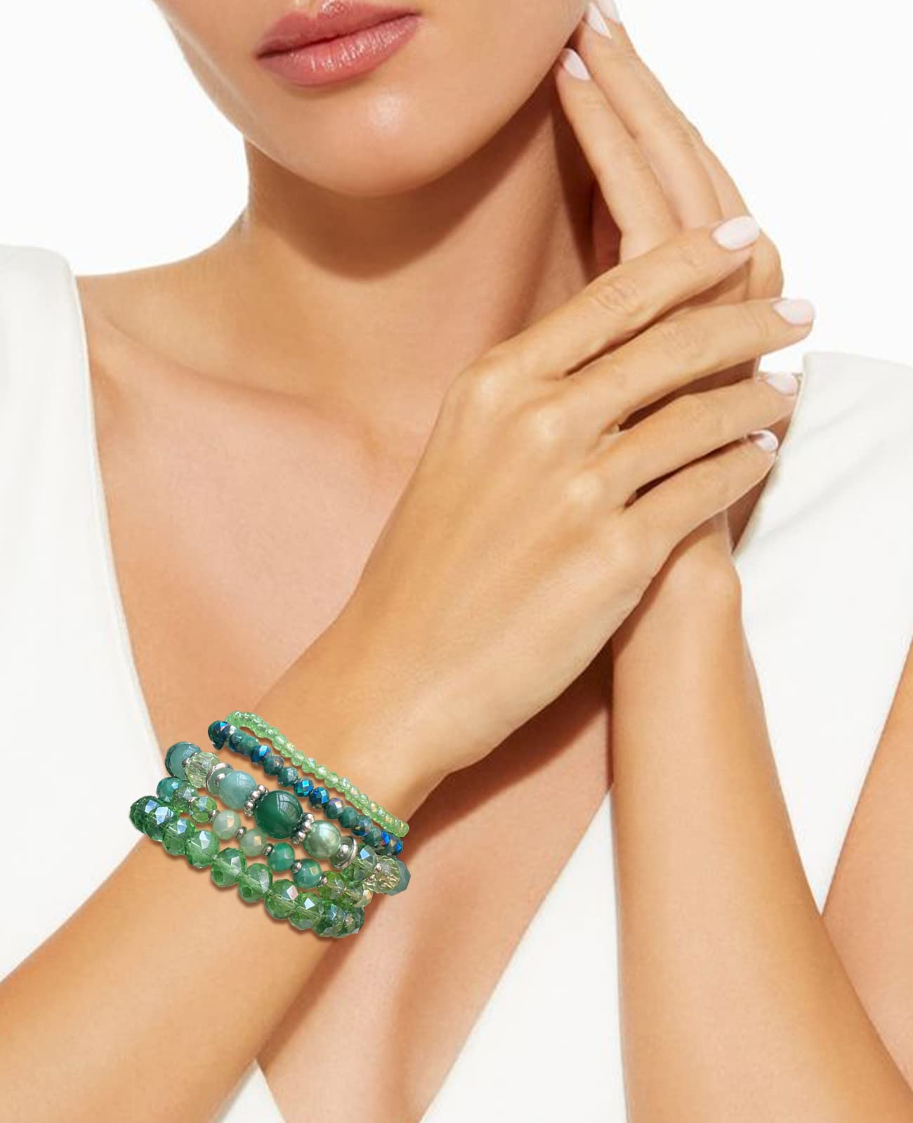 Noessla Beaded Boho Stretch Bracelet Colorful Stackable Crystal Beads Bracelets Trendy Costume Jewelry Mothers Day Gifts for Women(21-Green)