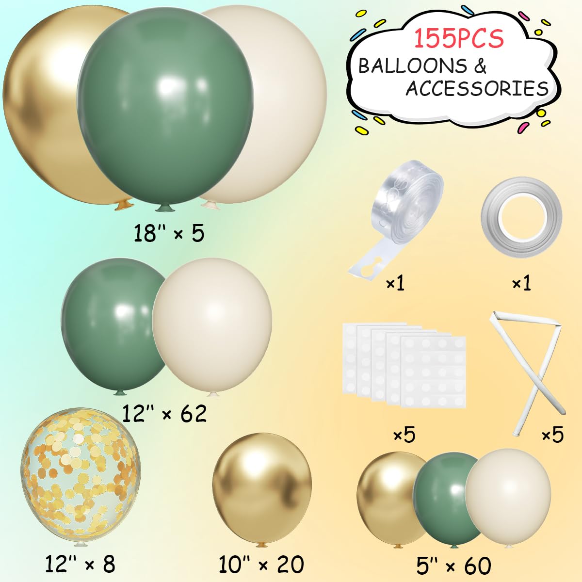MEBAY Sage Green Balloon Arch Kit, 155Pcs Sage Green White Sand Metallic Gold Garland with Gold Confetti Balloons for Graduation Baby Shower Wedding Jungle Birthday Party Decorations