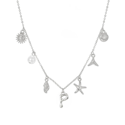 JALZEMPL Initial Charm Necklace For Women Seashell Shell Letter Boho Summer Beach Starfish 14k Gold Plated Silver Pendant Surfer Jewelry Gifts (P,Silver)