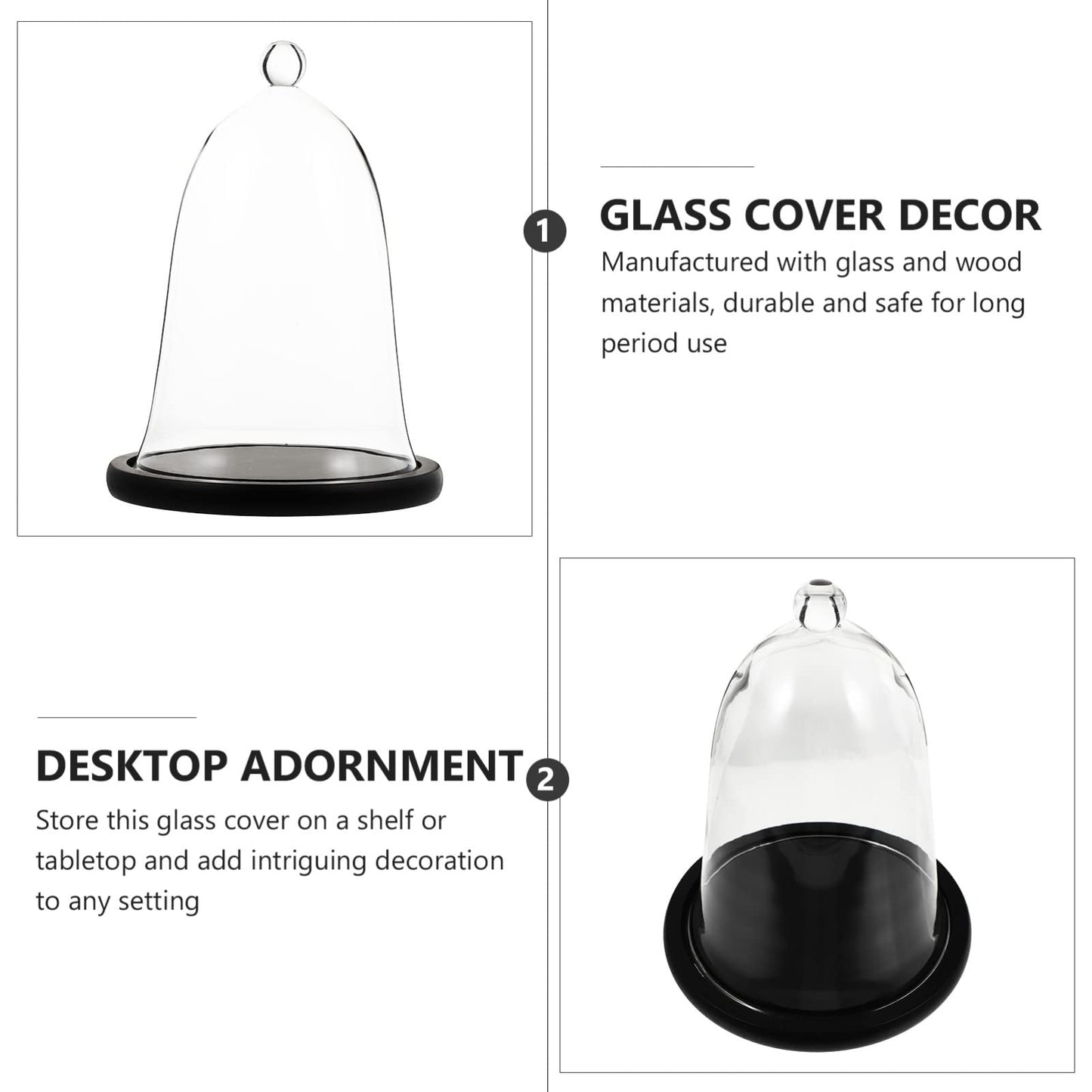 Cupcake Clear Glass Dome Cloche with Rustic Wooden Base Antique Bell Jar Display Dome for Plants Succulents Fairy Lights Photos Medals Decorative Fill and More Black Mini Cake Stand
