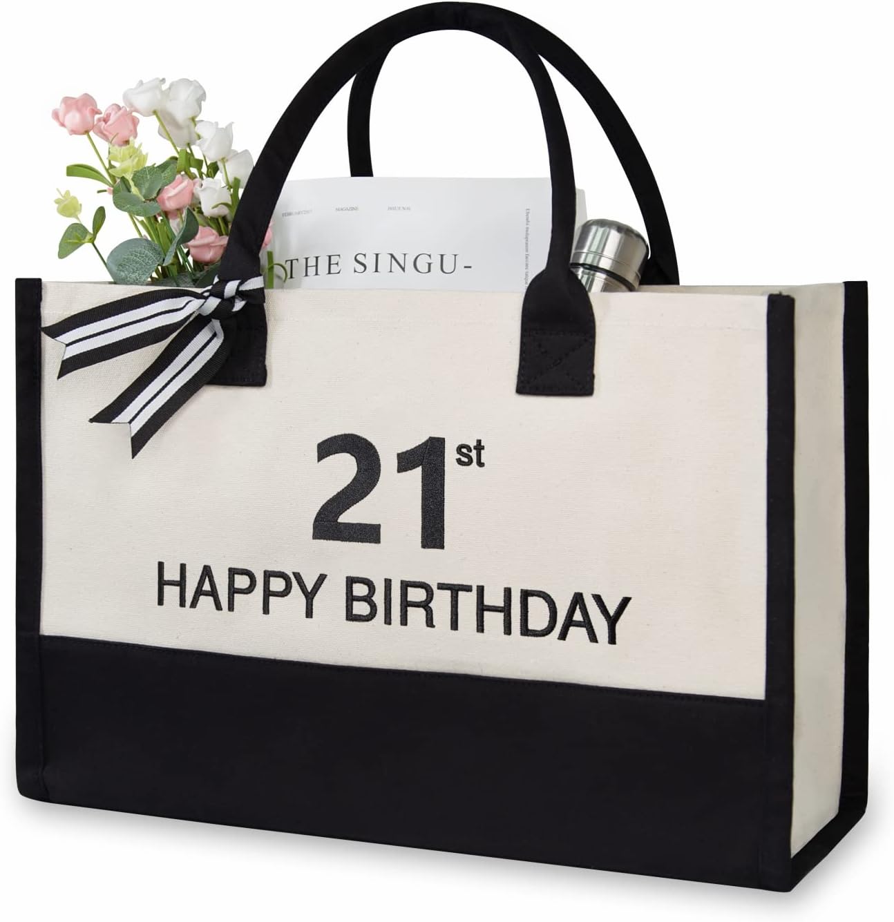 TOPDesign Embroidery Canvas Tote Bag for Women, 21st Birthday Gifts for Her, Friend, Daughter, Girl, Teens, Niece, Granddaughter, Turning 21 Years Old Present, Personalized Bag for Beach, Holiday