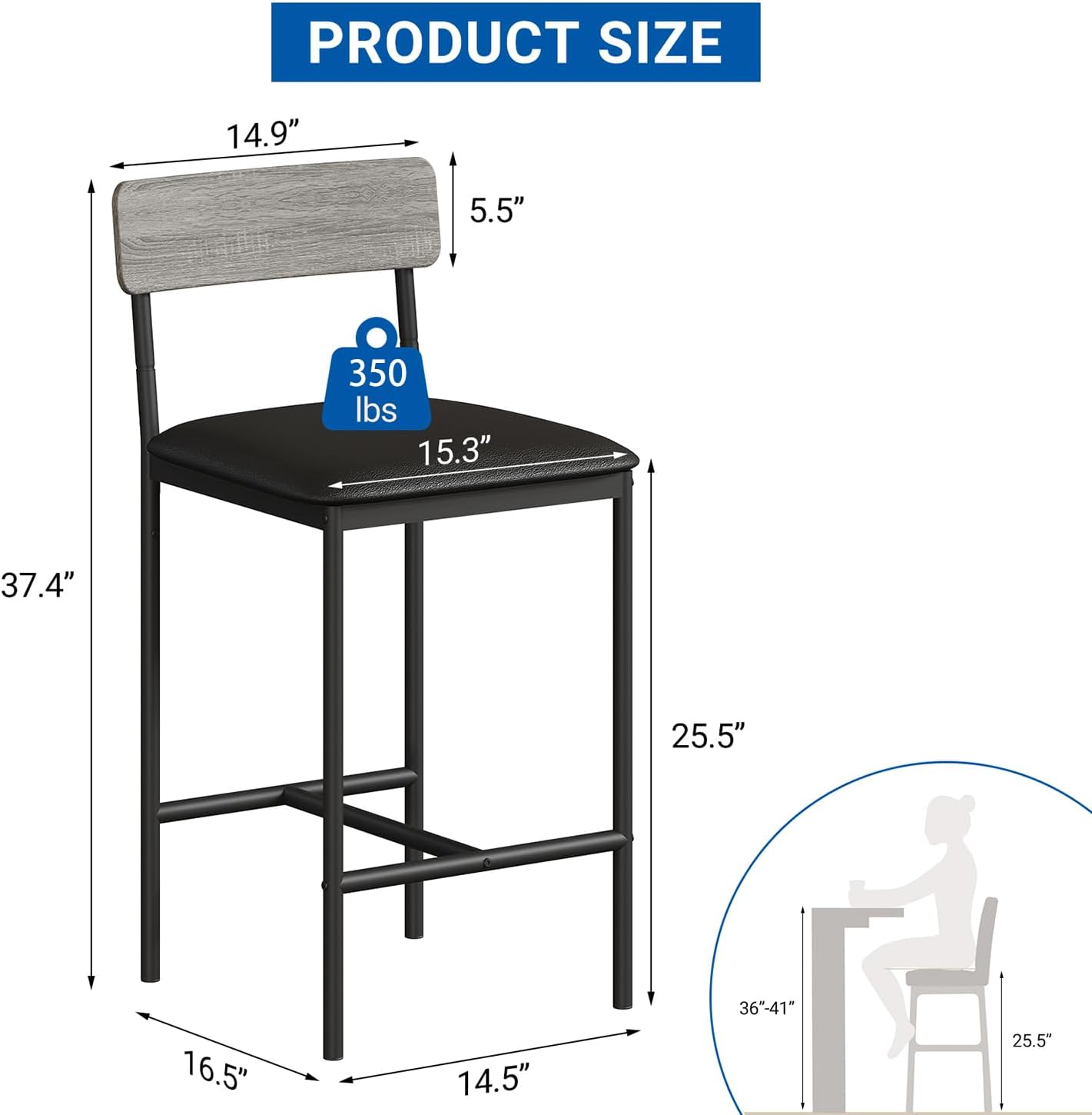 GarveeHome Bar Stools Set of 4, Upholstered Counter Height Bar Stools with Backrest and Footrest, Kitchen Barstools for Island, Counter Bar, Easy Assembly, Rustic Gray