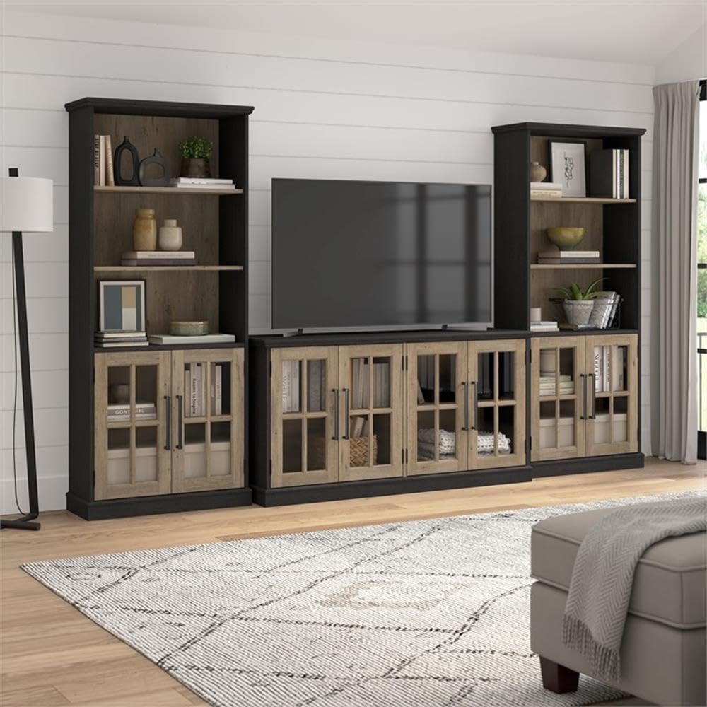 Bush Furniture Westbrook 60W TV Stand for 75 Inch TV in Vintage Black/Restored Tan Hickory | Living Room Entertainment Center with Storage
