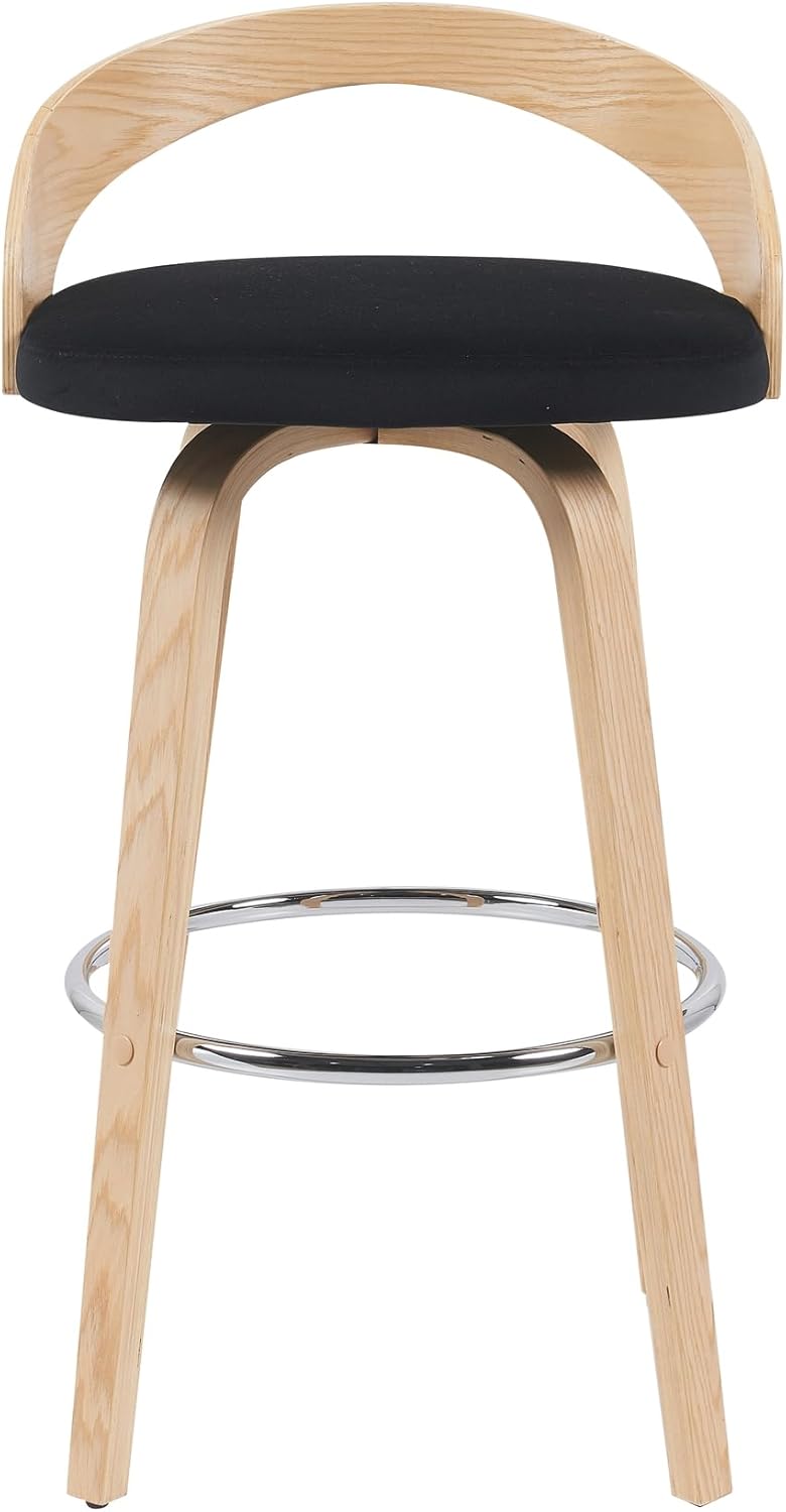 Sonia Modern Swivel Bar Height Stool with Black Upholstered Seat and Patterned Oak Wood Finish Set of 4