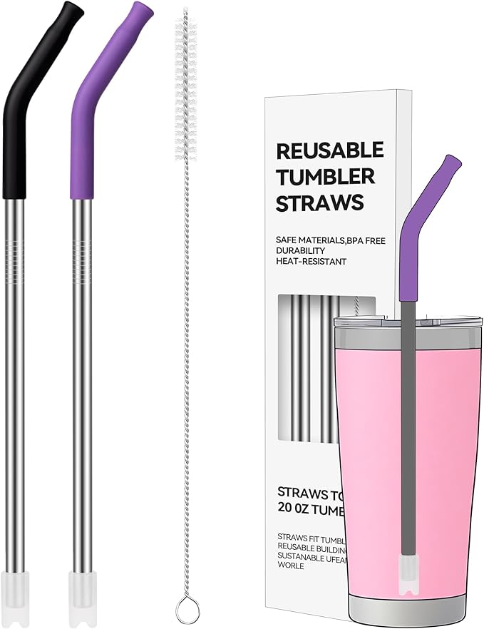 2 pcs 20 oz Straight Metal Straws with Silicone Tip for 20 oz Tumbler, Stainless Steel Reusable Drinking Metal Straw for YETI, STANLEY, US Acrylio, BJPKPK, Simple Modern and so on