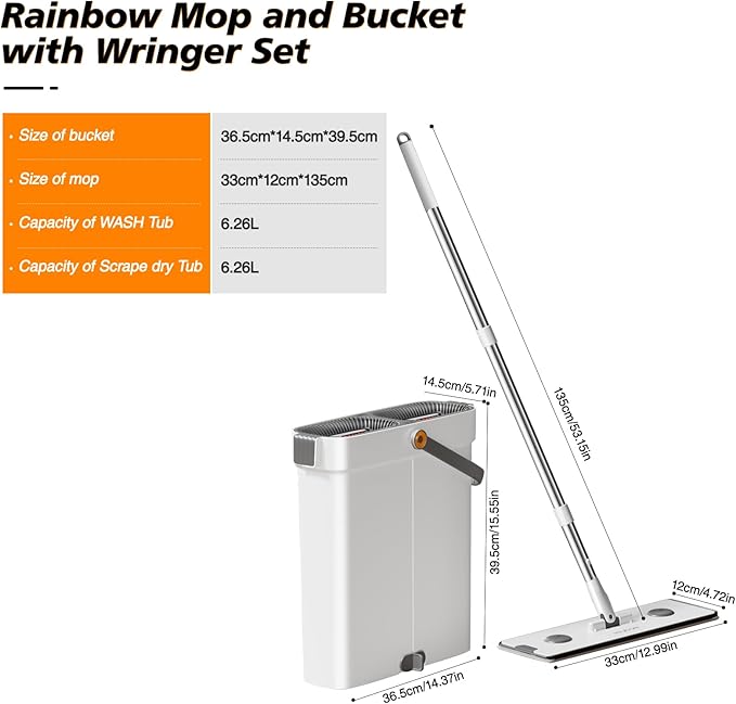 CTIME 15.74“Mop and Bucket Set with Wringer for Home : Hands-Free Flat Floor Mop Bucket Wet Dry Use Floor Cleaning System for All Floor