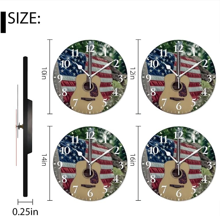 Guitar Wall Clock Non-Ticking Silent Clocks Battery Operated Analog Decor Clock for Home-Guitars Sitting On Fence with American Flag(12inch)