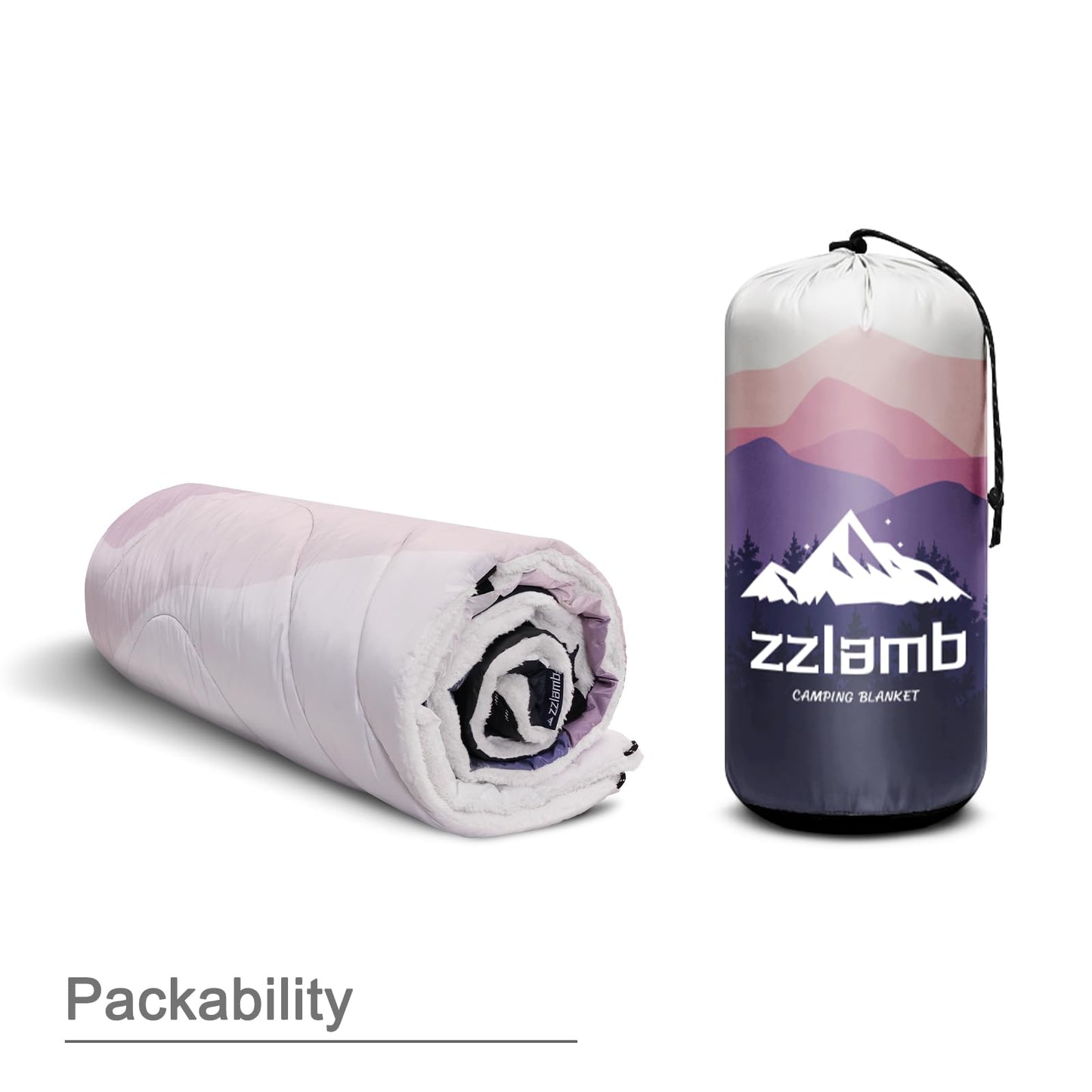 zzlamb Sherpa Puffy Camping Blanket,Outdoor Warm Wearable Fleece Blankets for Cold Weather,Camp Quilt with Sherpa Lining for Sleeping,Traveling,Backpacking,Picnics,Stadium 52x75in Lavender Ridge Fade