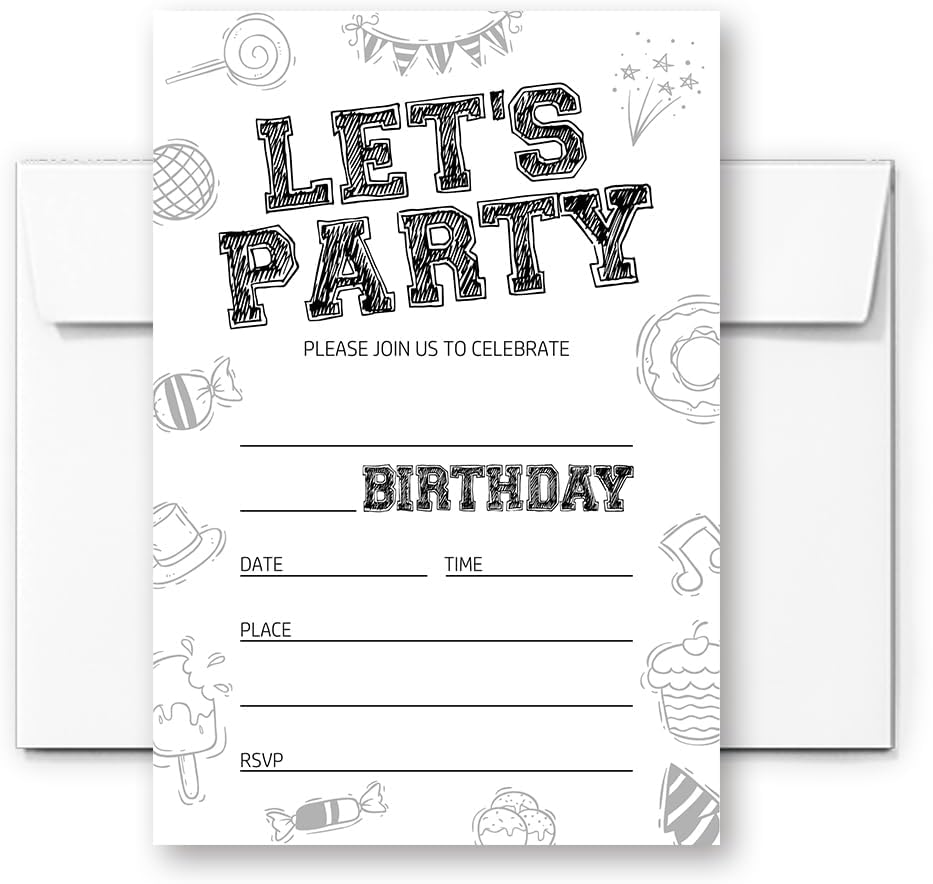 Birthday Invitations with Black and White Design, Birthday Invitations for Boys Teens Kids Girls, Birthday Invitations, Birthday Party Invitations. (Let's Party (082))