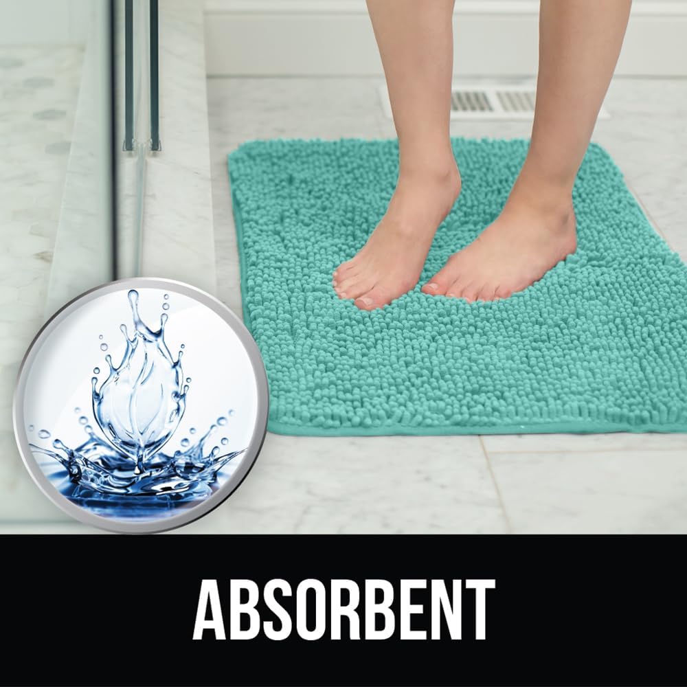 KANGAROO Bathroom Rugs, Chenille Soft Absorbent Bath Rug, Shaggy Shower Mat, Quick Dry Machine Wash Bathmat, Plush Carpet Mats for Tub, Bathtub and Room Home Decor Accessories, 24x17, Turquoise