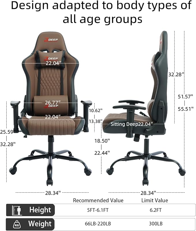 Video Game Chair Ergonomic Comfortable Gaming Office Chair Height-Adjustable with a 360° Swivel Base and Headrest(1002-Brown)