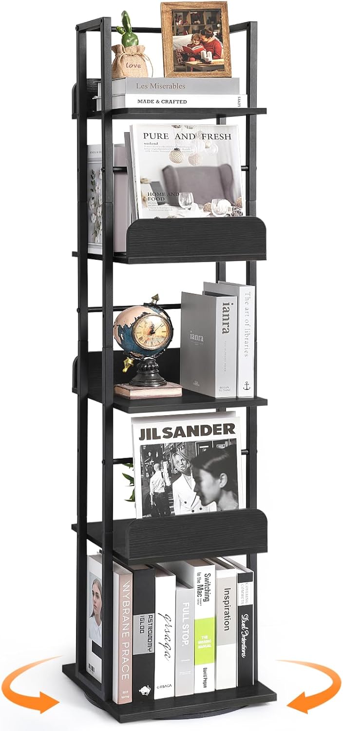Bikoney Rotating Bookshelf, 5-Tier Bookshelves Tower for Corner, Small Narrow Bookcase, Tall Industrial Bookshelf, Wood and Metal Black