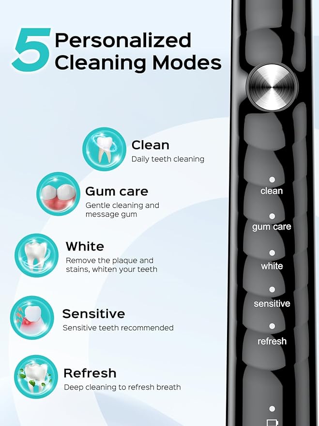 COSLUS Sonic Electric Toothbrush for Adults: 47000 VPM for Deep Cleaning & Whitening with Travel Case - 5 Modes for Sensitive Teeth & Braces, Wireless Charging, 6 Brush Heads, Black & Green (2PCS)