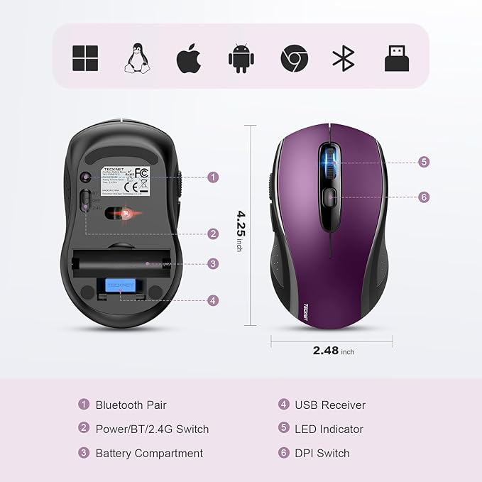 TECKNET Bluetooth Mouse, 4000DPI Wireless Mice for Laptop 2-in-1(BT 5.0/3.0+2.4Ghz) Computer Portable PC Mouse Wireless with USB Receiver for Mac (USB-A+Bluetooth, Purple)
