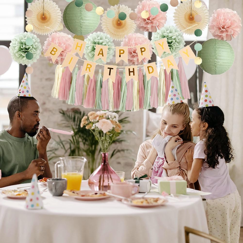 Sage Green Blush Pink Birthday Decorations Boho Pastel Sage Green and Dusty Pink Birthday Decorations for Women Girls Beige Fans with Light Pink Cream Dusty Rose Tassel Garlands Banner Beige and Gold
