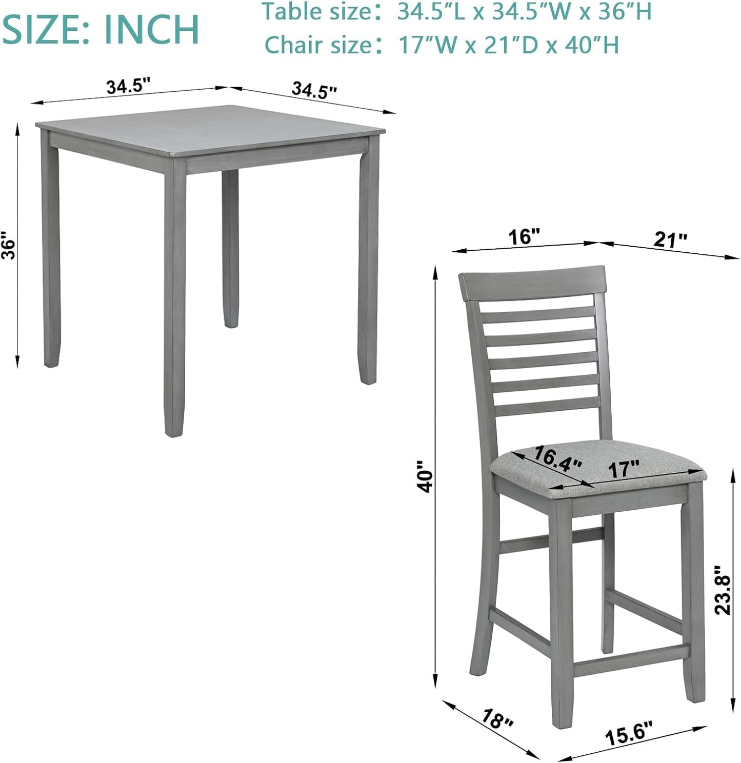 KEIKI 5-Piece Counter Height Dining Table Set with Square Table and 4 Upholstered Ladder Backrset Chair, for 4 Person, Modern Style Wooden Table Set, Easy Assembly, for Kitchen, Dining Room, Gray