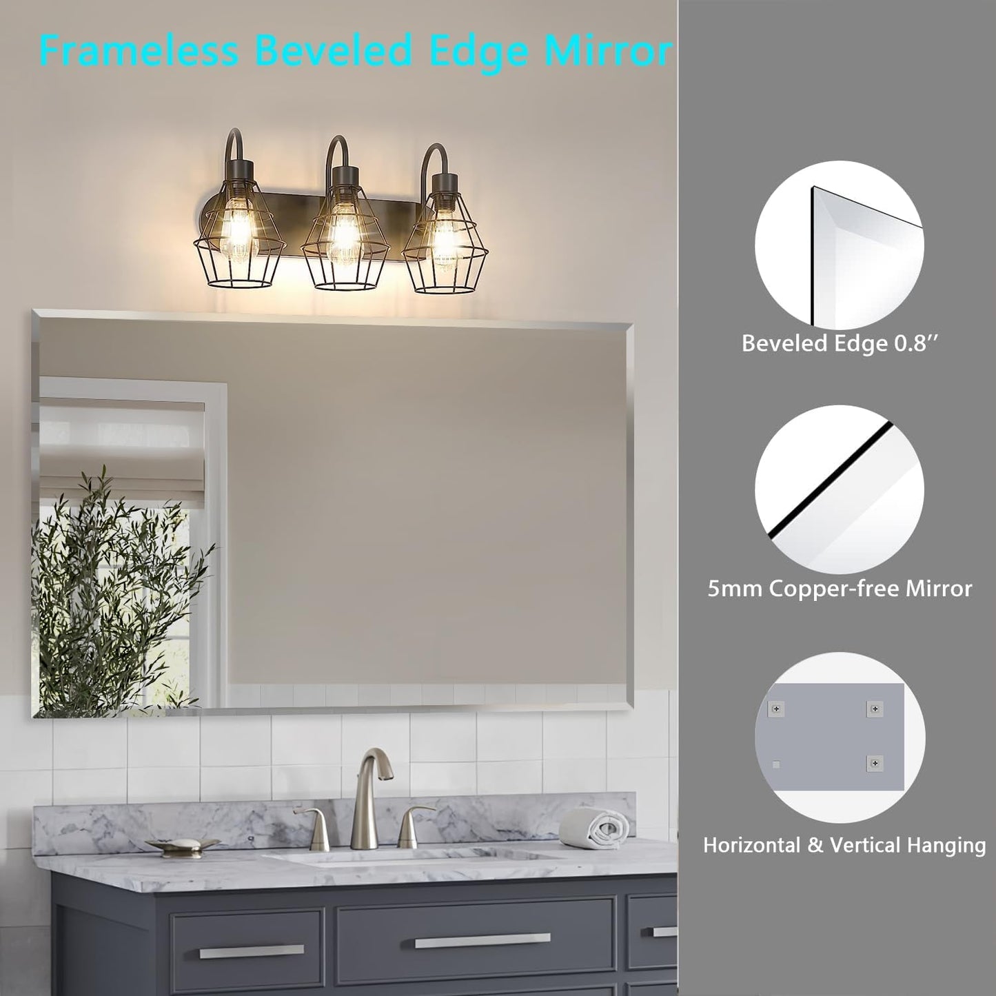 Frameless Beveled Edge Bathroom Mirror 38x26 Inch Rectangle Wall Mirror Explosion Proof and Shatterproof Bathroom Vanity Mirror Wall Mounted Hang Firmly (Horizontal or Vertical)