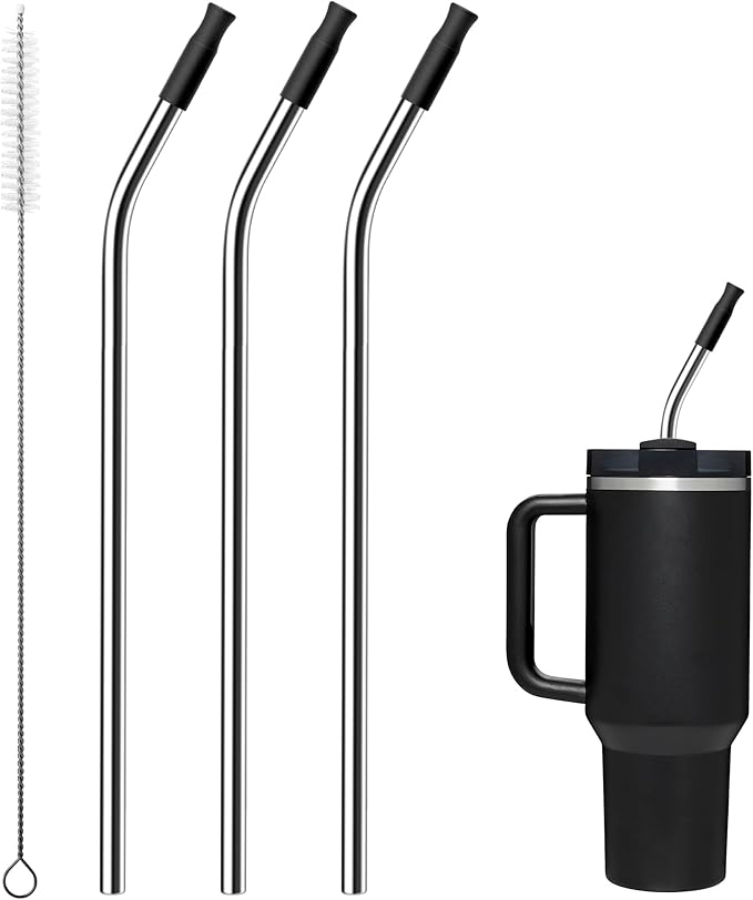 Reusable Stainless Steel Straws with Silicone Tip for Stanley 40oz, Metal Drinking Straws for 40oz Tumbler,3 Bent Tubes & 6 Tips& 1 Cleanr Brush (Black)