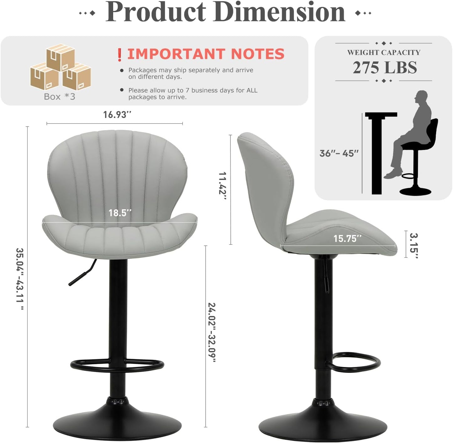 COLAMY Bar Stools Set of 6, Modern Swivel Bar Chairs, Adjustable Faux Leather Upholstered Barstools Counter Height with High Backrest for Bar, Kitchen Island, Dining Room, Grey