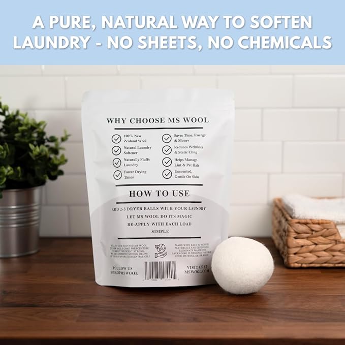 Fragrance-Free Wool Dryer Balls (4 XL Pack) – Natural Fabric Softener, Reusable, Reduces Wrinkles & Saves Drying Time, Better Alternative to Liquid Softeners & Dryer Sheets