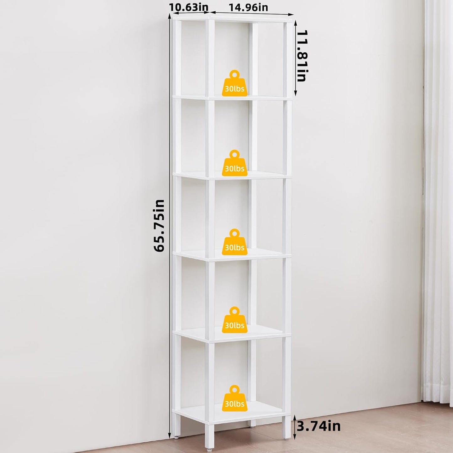 66in Tall Bookshelf 6-Tier Small Narrow Bookcase, Skinny Book Shelf for Small Space, Farmhouse Slim Shelf with Storage, Wood Freestanding Display Thin Bookshelves for Living Room, Office, White