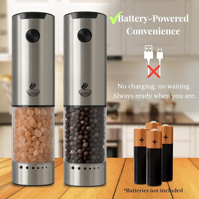 Electric Salt and Pepper Grinder Set - Automatic 3A Battery Pepper Mill Shakers - Upgraded Adjustable Coarseness with Led & Large Capacity - Built-in LED Light - 2 Pack