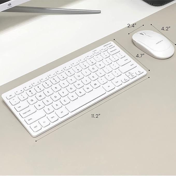 Macally White Wireless Keyboard and Mouse Combo - Quiet Productivity Duo - 2.4G Small Keyboard and Mouse Wireless - 78 Key Quiet Cordless Compact Mouse and Keyboard Combo with Mini Body