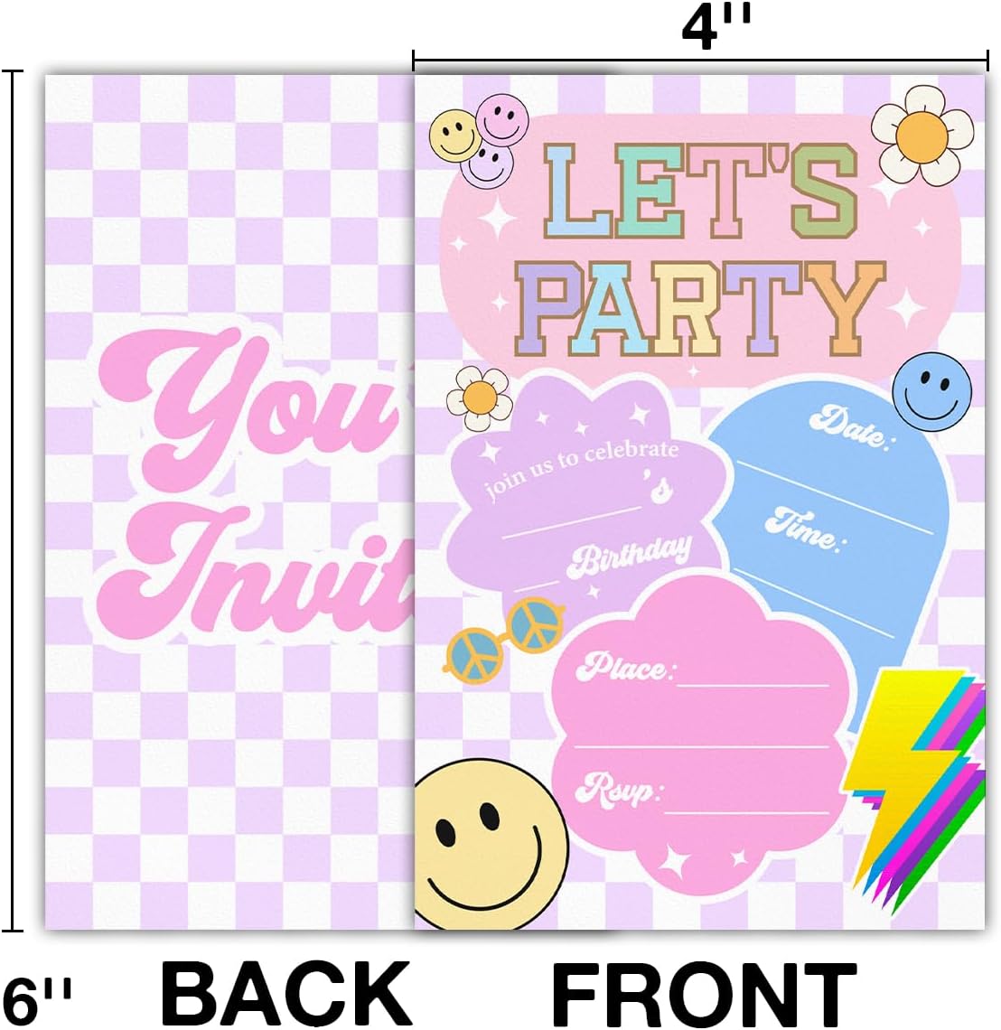 Let’s Party Birthday Invitations, Retro Smile Face Birthday Party Fill in Invites Cards With Envelopes (20 Count), Double Sided Design