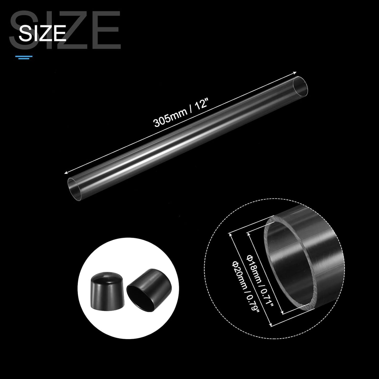 PATIKIL Clear Rigid Tube Round Plastic Tubing with Black Rubber Caps Polycarbonate Water Pipe, 305mm/ 12 Inch Length, 18mmx20mm/0.71"x0.79", 2 Set