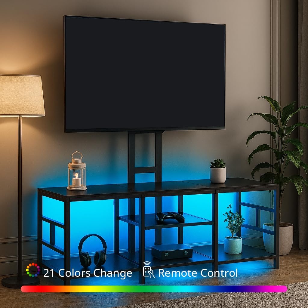 LUCKLIFE TV Stand with Charging Station for TVs up to 70 Inch，Entertainment Center with LED Light and Open Storage Shelves，Modern Media Console Table for Living Room,Bedroom,Modern Black