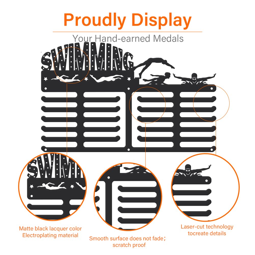 SUPERDANT Swimming Medal Hanger Swim Stars Medals Holder Personalised Award Black Metal Rack Wall Mount Sports Hanging 4 Rows 22 Hangers Non-Slip Hooks Gifts for Man Woman Athletes