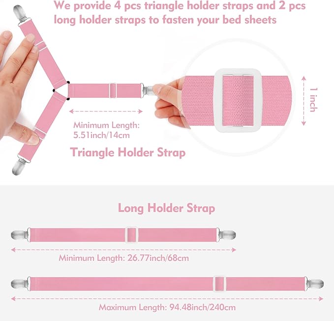 Bed Sheet Holder Straps, 4+2 Pcs Adjustable Mattress Sheet Clips, Bed Sheet Fasteners Elastic Sheet Suspenders to Keep Bed Sheet in Place for Different Beds (Pink)