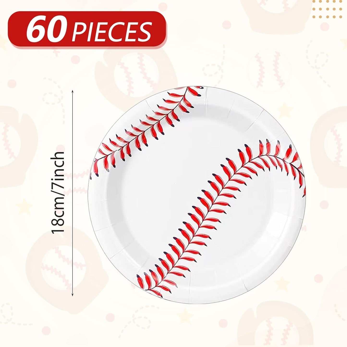 Baseball Party Supplies Set 60Pcs Baseball Party Paper Plates - 7Inch Round Dinner Dessert Plates for Cake,Salad,Fruit Pizza丨Kids Birthday Fan Sports Event&Game Day