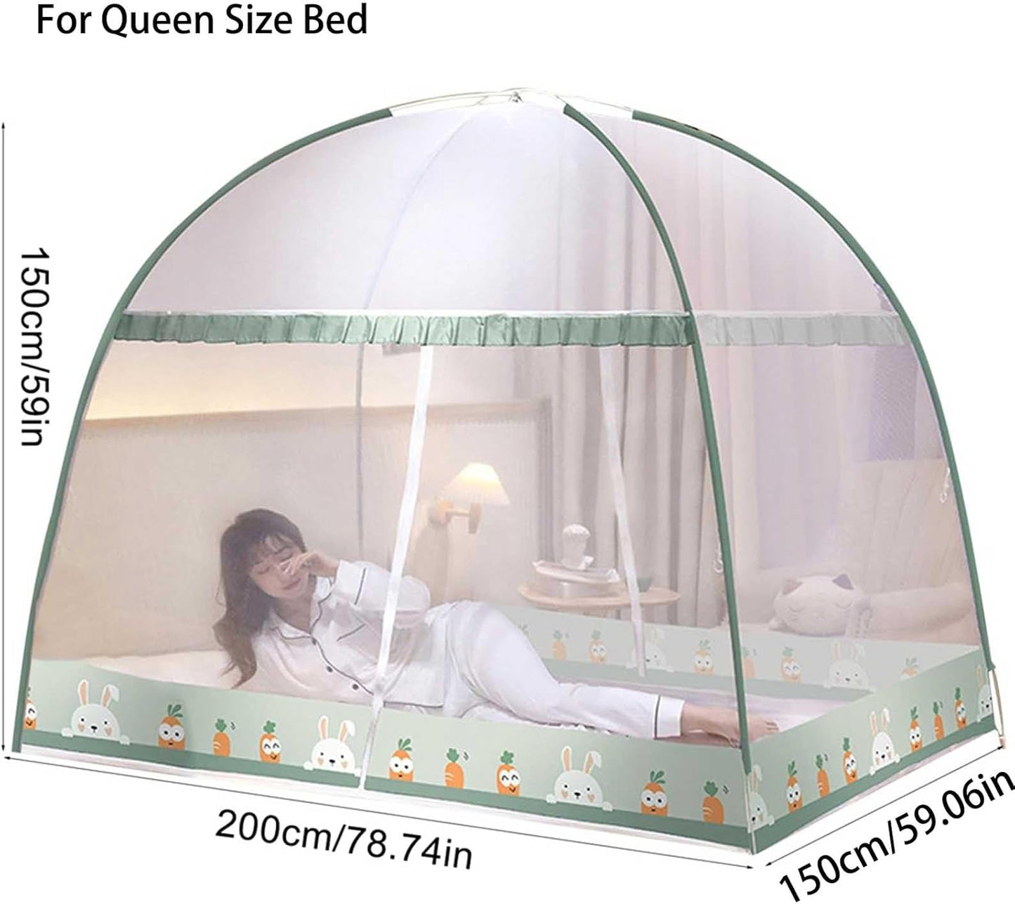 Pop-Up Mosquito Net Tent for Beds Portable Folding Canopy with Net Bottom, Fits Twin to King Size 79x71x59inch, Easy Install Wash for Baby Adults, Indoor Outdoor Use (Green RABIT-Queen Bed)