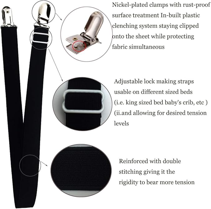 Long Bed Sheet Clips,Adjustable Bed Fitted Sheets Mattress Holder Straps Suspender Fastener,4 Pieces (Black)