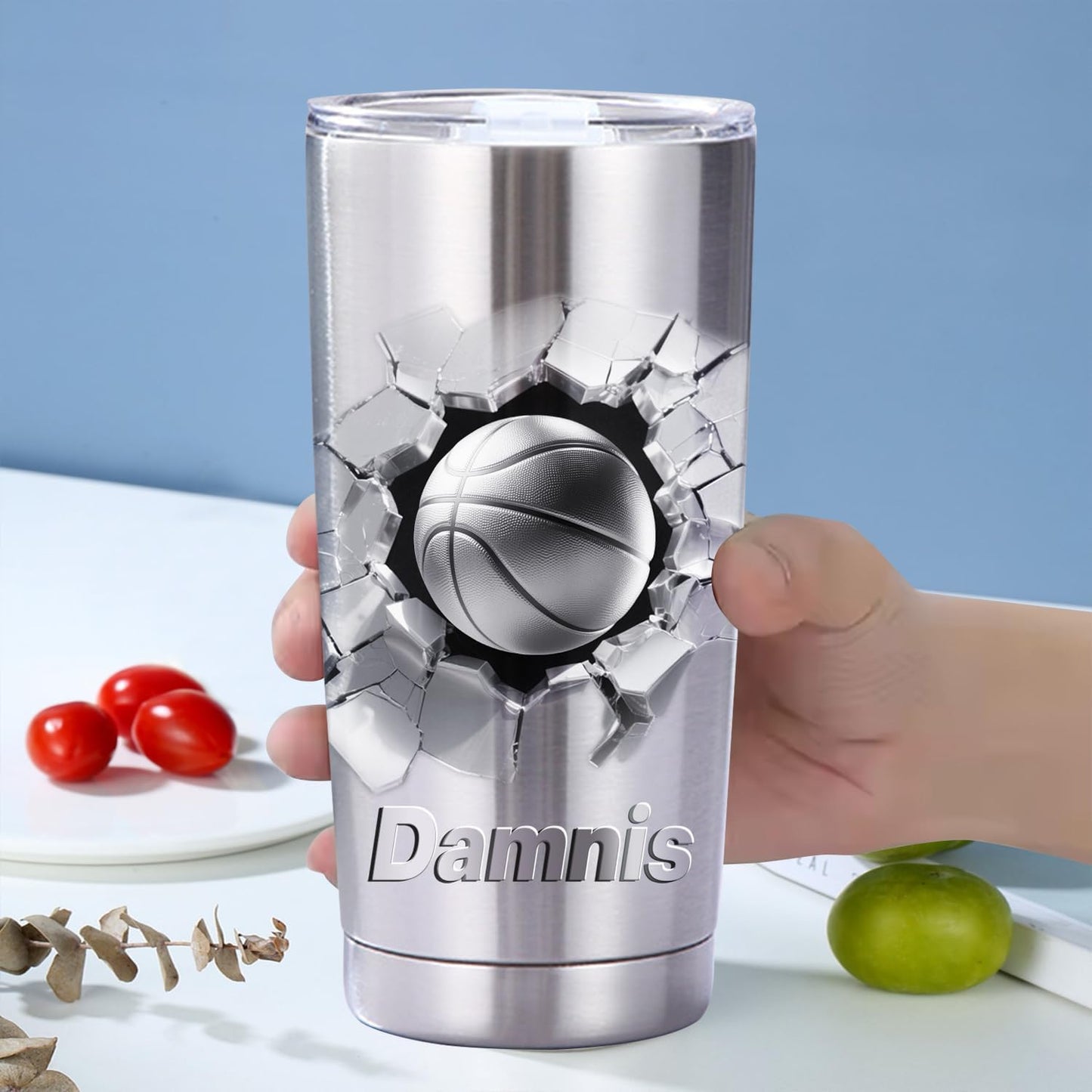 Personalized basketball Ball With 3D Cracked Wall Stainless Steel Silver Tumbler Mug, Custom Name Sport basketball Lovers Player Tumbler Mug,Customized Father's Day Birthday Sport Gift For Dad Men
