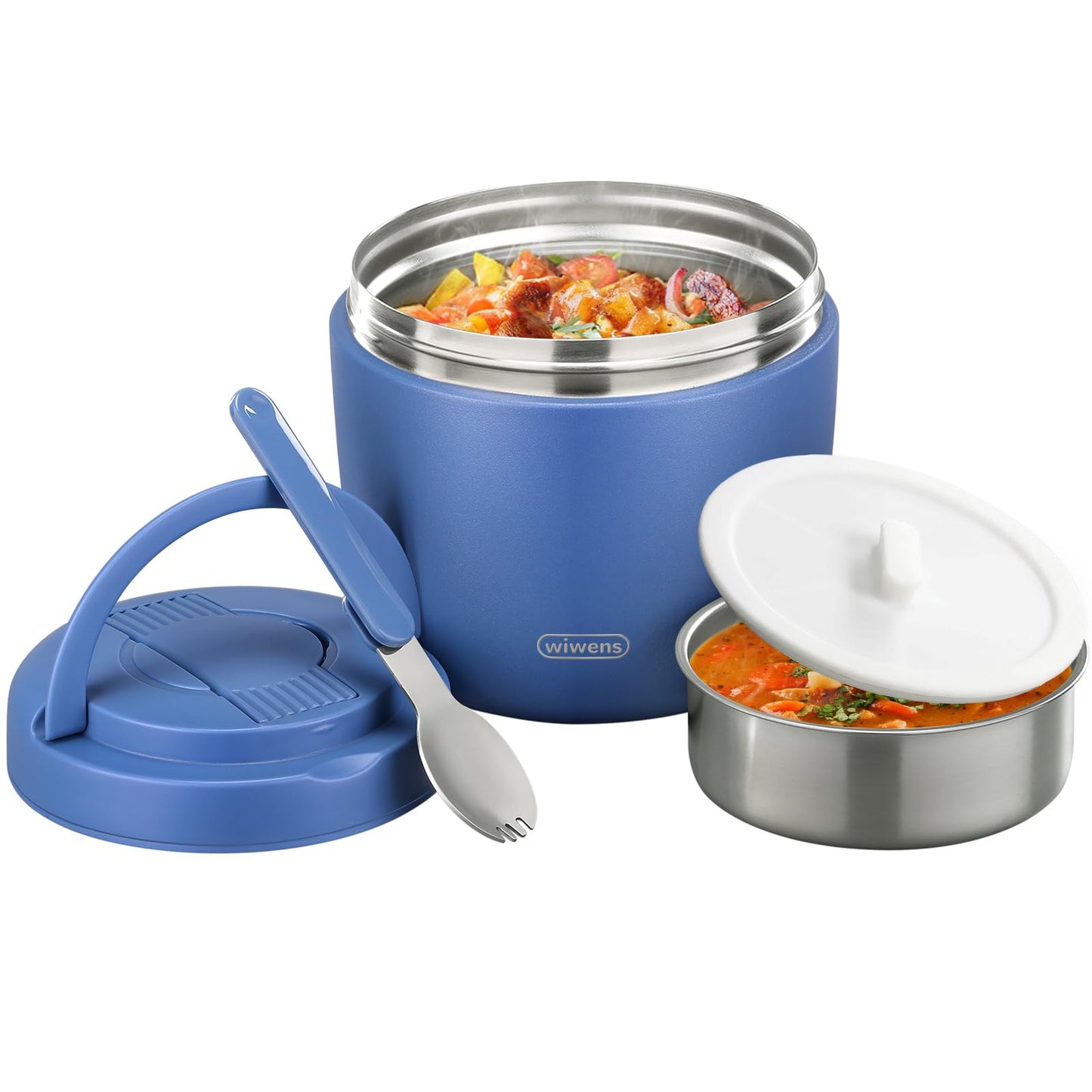 wiwens Thermo Food Jar for Hot Food Adults 32OZ Soup Thermo Lunch Containers Wide Mouth Vacuum Insulated Stainless Steel Leakproof Bento Box with Spoon (Blue)