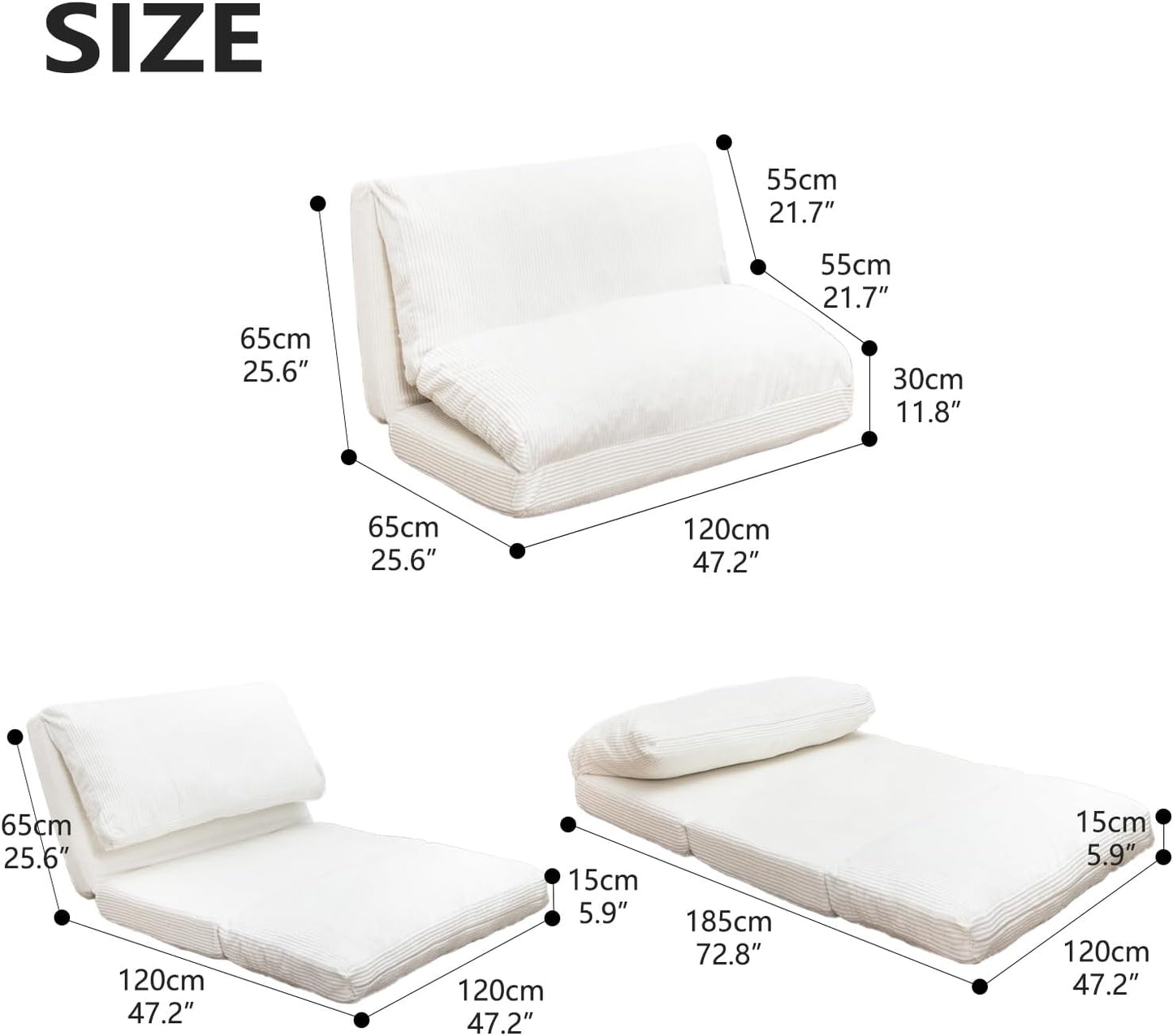 N&V Folding Matress Sofa Bean Bag Bed, Foam Filling Folding Matress Sofa, Includes Removable and Machine Washable Cover, Soft Premium Corduroy (Medium, Ivory)