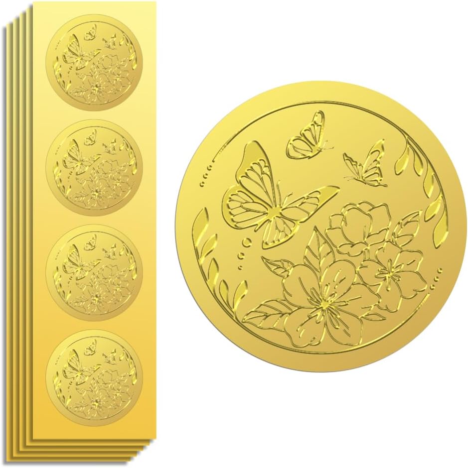 Peacoblue Gold Foil Sticker Seal Embossed 2 Inch 100Pcs Flowers and Butterflies, Self Adhesive Gold Around Embossing Sticker for Invitation Certificate Envelope Seal Gift Card Decoration