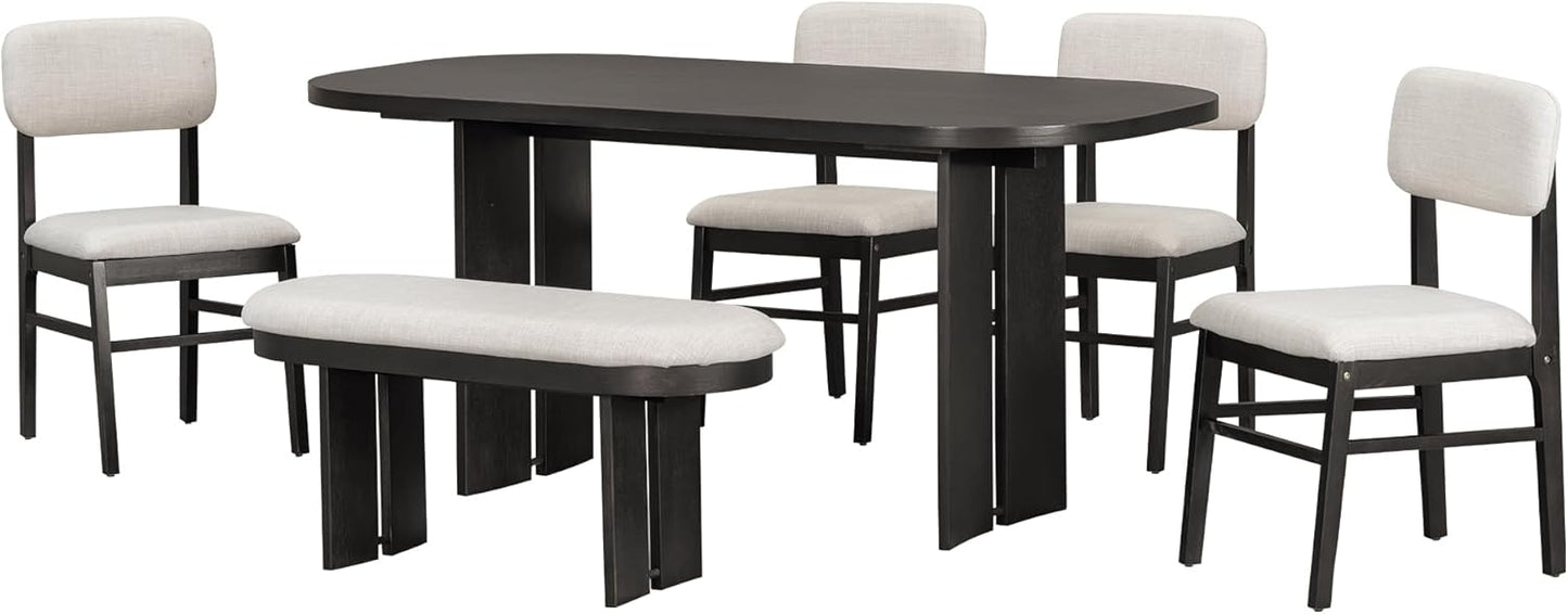 Merax Farmhouse Wooden Dining Set of 6, 65 Inch Rectangular Kitchen Table, Upholstered 4 Chairs with Backrest, Bench with Cushion, Easy Assemble, Espresso