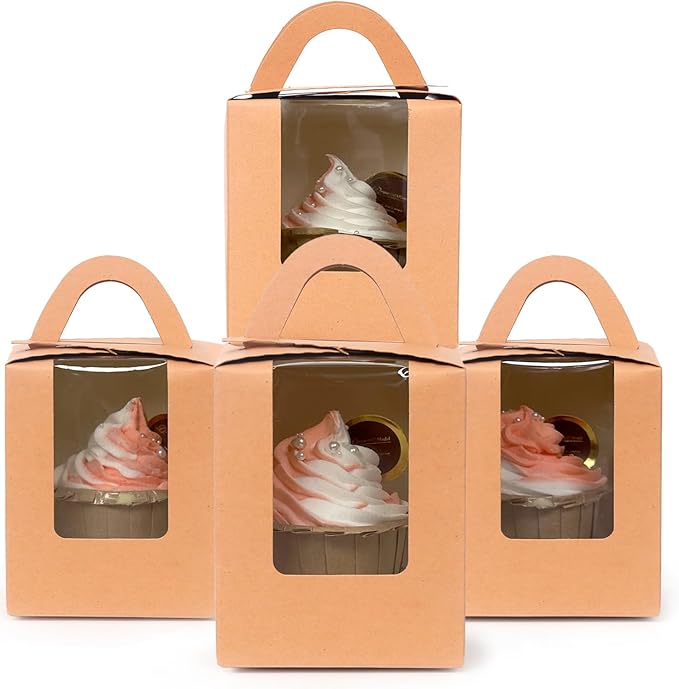Bakepacker Auto-pop up Individual Cupcake Boxes with Window 25 Count Brown Single Cupcakes Box 3.7 x 3.7 x 4.3inch Cupcake Carrier